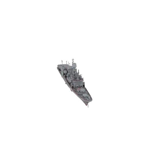 3D model of a modern guided missile destroyer, viewed from a slightly elevated angle, showcasing its detailed deck and weapon