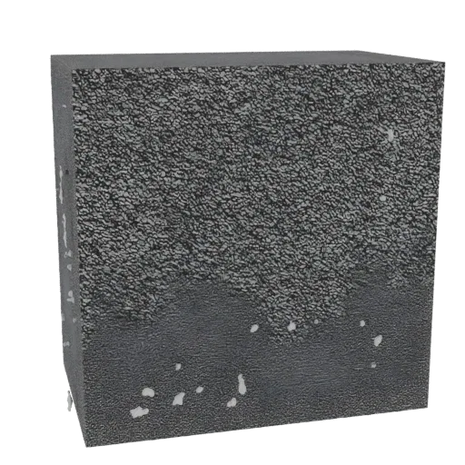 3D render of a cubic block with a rough, speckled texture and irregular white voids inside, presented on a white background.