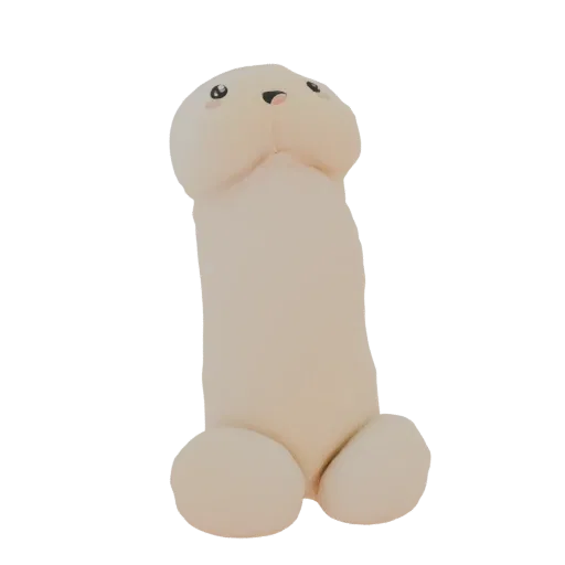 3D model of a cute cartoon penis plush toy with a friendly face, rendered against a black background.