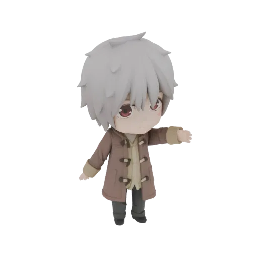 3D-Render eines Chibi-Jungen mit grauem Haar, roten Augen, braunem Mantel und dunkler Hose, ein Arm ausgestreckt.