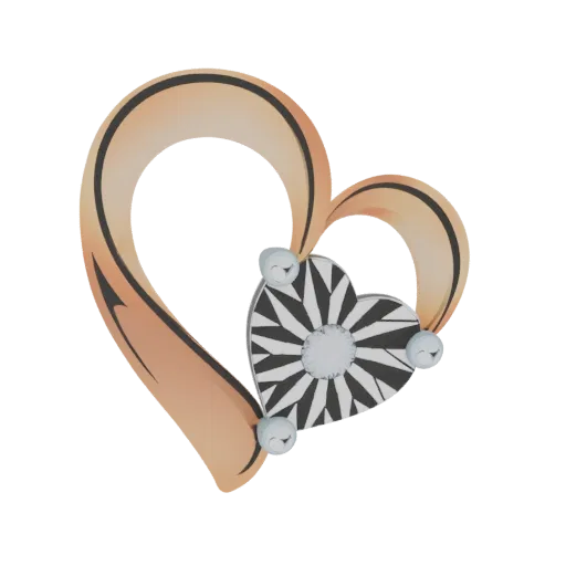 3D model of a heart pendant with a black and white geometric inlay and three small pearl accents.