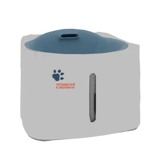 3D model of a modern white pet water fountain with a blue lid and a blue paw print emblem on the front.