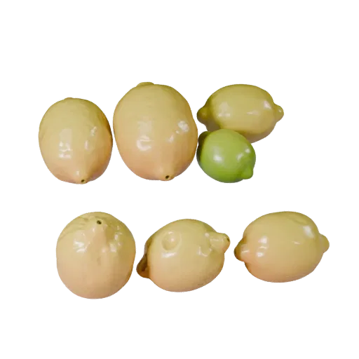 Lemon 3D model, three-quarter front view, Unity viewport, showing skin pores, recognizable fruit forms.