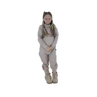 3D model of a young girl with long braided hair, wearing a beige jumpsuit and shoes, standing with hands clasped.