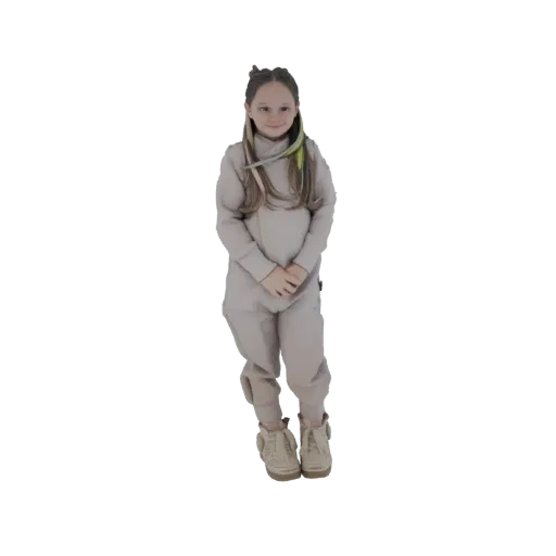 3D model of a young girl with long braided hair, wearing a beige jumpsuit and shoes, standing with hands clasped.