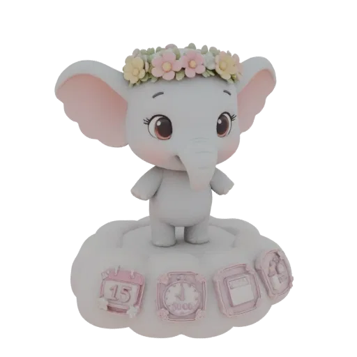 3D model of a cute, grey elephant wearing a colorful flower crown, standing on a white cloud with calendar and clock icons at