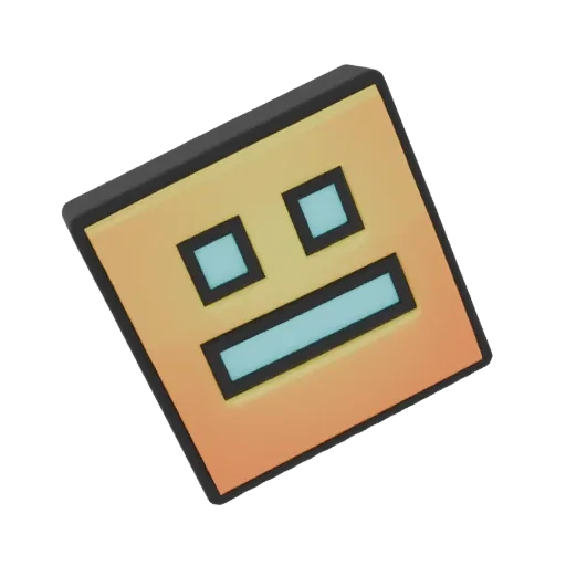 3D model of a geometric face icon with orange and yellow gradient, square eyes, and rectangular mouth.