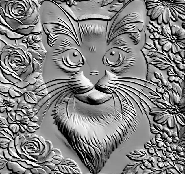 Modèle 3D de bas-relief de chat entouré de roses et de fleurs, style médaillon