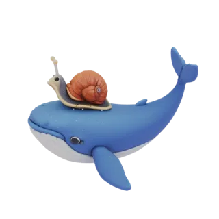 3D model of a blue whale with a snail on its back, in a cartoon style, ready for 3D printing.