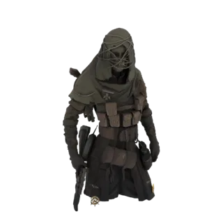 3D model of a post-apocalyptic soldier wearing a hooded mask, tactical gear, and holding a rifle, against a white background.