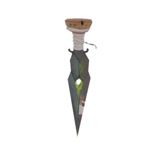 3D model of a fantasy dagger with a cork stopper, white bandage, and a glowing green vial in the blade.