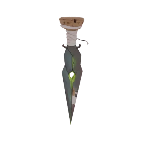3D-Modell eines Fantasy-Dolchs mit Korken, weißem Verband und leuchtender grüner Phiole in der Klinge.