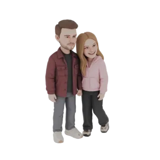 3D-Modell eines lächelnden Paares in Freizeitkleidung, ein Mann in kastanienbrauner Jacke und grauer Hose, eine Frau in pinke
