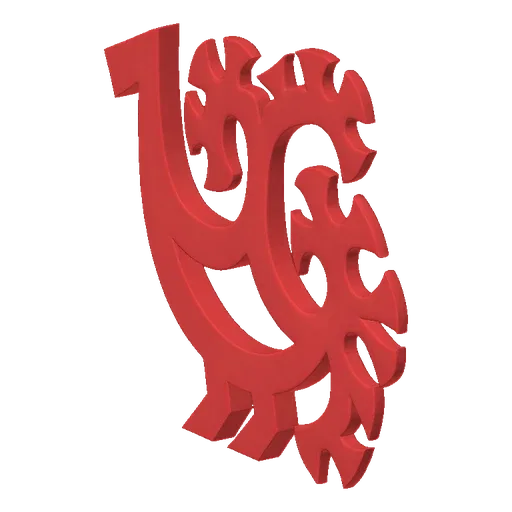 3D model of a stylized red bird emblem with intricate, swirling wing patterns, set against a black background.