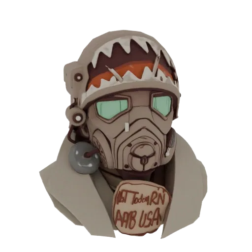 3D model render of a Wasteland Raider Helmet bust with a shark motif, goggles, gas mask, and 'NOT Today RN AAB USA' plaque.