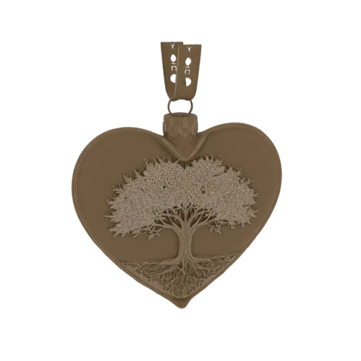 3D render of a heart-shaped pendant with a detailed Tree of Life design, featuring a metallic bronze finish and a decorative