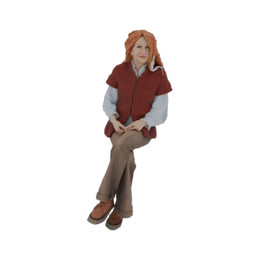 Render de modelo 3D de mujer con pelo rojo, vestida con chaleco de punto rojo y pantalones marrones, sentada con las piernas
