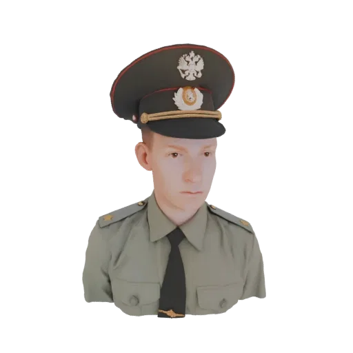 Render modello 3D di un busto di ufficiale militare russo con uniforme verde e cappello scuro a visiera con emblema aquila bi