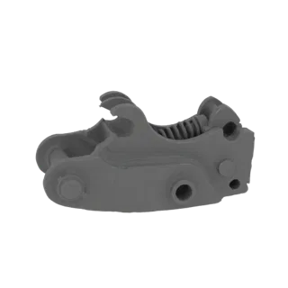 3D model of a gray excavator quick coupler with visible locking jaws and spring mechanism.