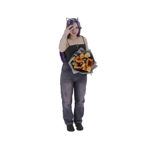 Modèle 3D jeune femme cheveux violets selfie bouquet fleurs.