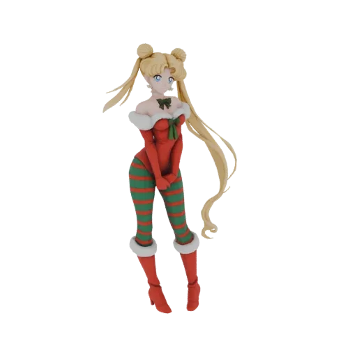 3D model of Sailor Moon in a festive red and green Christmas outfit, with blonde hair in odango style and white fur trim.