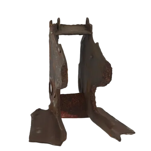 Modello 3D di una staffa metallica pesantemente arrugginita con corrosione e usura visibili, su sfondo nero.