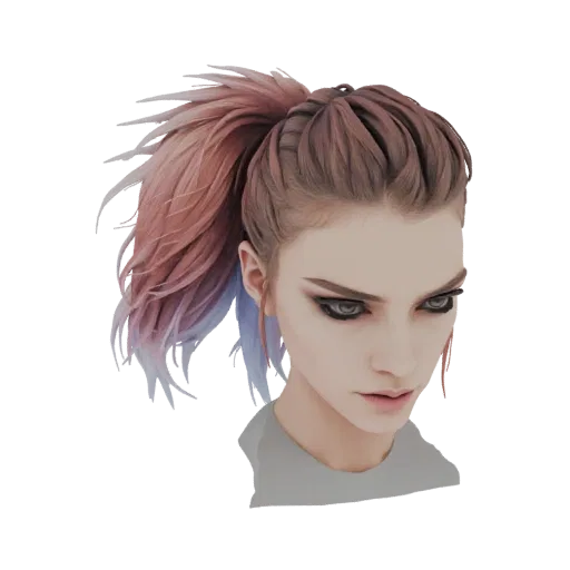 3D model render of a cyberpunk-style ponytail hairstyle with pink and blue ombre, styled in braids.
