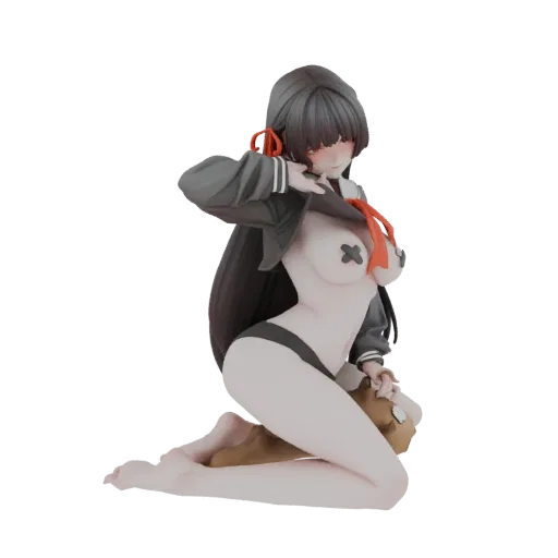 3D model of an anime schoolgirl kneeling, wearing a school uniform jacket and black pasties, with dark hair.