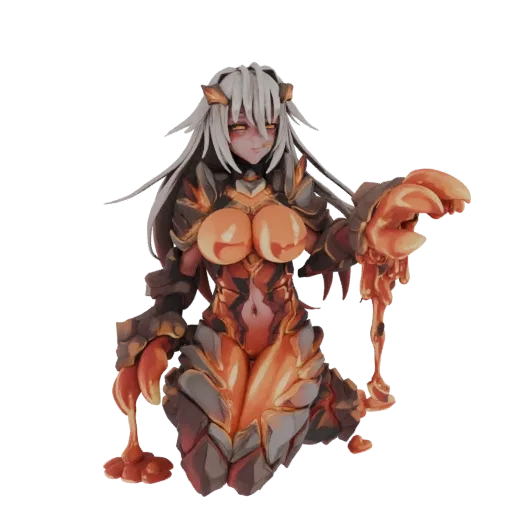 3D model render of a Crimson Crab Monster Girl with detailed red and gray armor, large claws, and glowing orange accents.