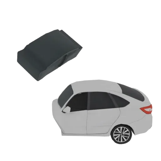 3D render of a white hatchback car with tinted windows and alloy wheels, next to a dark grey abstract object.