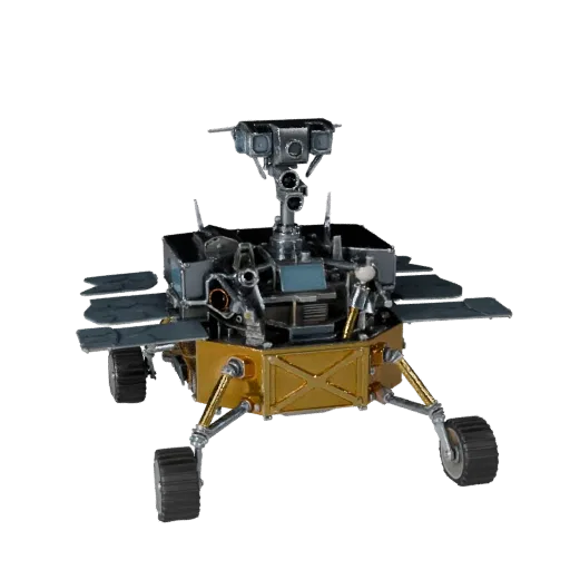 Ice World Lunar Lander Realistic 3D model, three-quarter studio render, showing dusty wheels, vehicle stance.