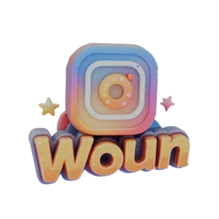 3D model of the Instagram logo with the word 'Woun' below it, surrounded by pastel colors and two small stars.