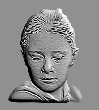 3D-Modell eines Kindergesichts im Profil als Relief, mit geschlossenen Augen und ruhigem Ausdruck.