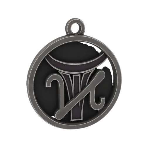 3D render of a circular pendant with stylized bull horns and a central column, featuring a dark metallic finish and intricate