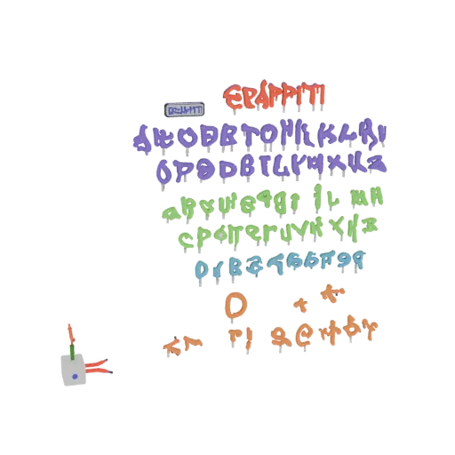 3D-Modell eines Graffiti-Alphabet-Sets mit tropfendem Farbeffekt in verschiedenen leuchtenden Farben.