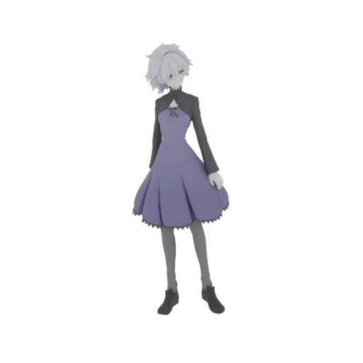 3D model of a Gothic Lolita anime girl with white hair, red eyes, wearing a lavender dress and dark bolero jacket.