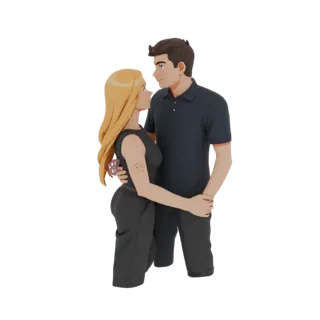 Modello 3D di una coppia romantica che si abbraccia, guardandosi negli occhi, con la donna in abito scuro e l'uomo in polo sc