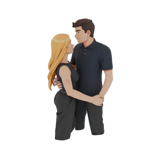 Modèle 3D d'un couple romantique s'enlaçant, se regardant dans les yeux, la femme en robe sombre et l'homme en chemise polo s