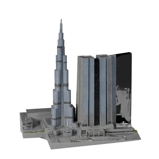 Modelo 3D realista de Burj Khalifa, vista exterior a tres cuartos, mostrando materiales de la estructura emblemática y detall