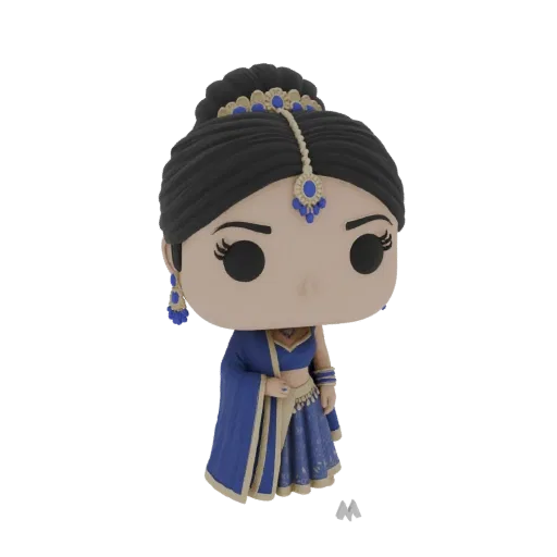 3D model of an Indian Princess in Funko Pop style, wearing a blue and gold outfit and intricate jewelry.