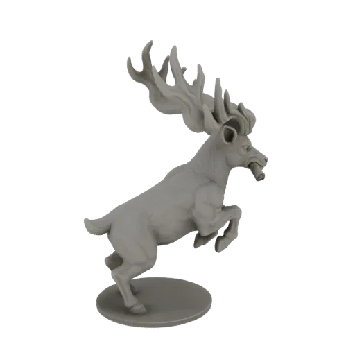 3D model of a majestic stag in mid-leap, with large, sweeping antlers and a powerful stance, on a circular base.