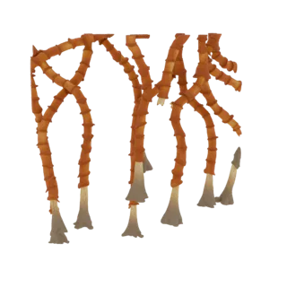 Render 3D di un sistema radicale di bambù arancione con fusti segmentati ed estremità affusolate a forma di campana, su sfond