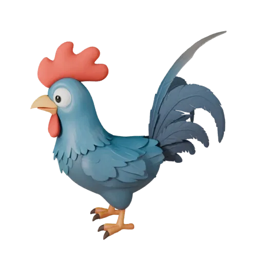 Modelo 3D de Galo Cartoon, render de vida selvagem em vista lateral, asset de animal estilizado com quebra de leque de cauda,