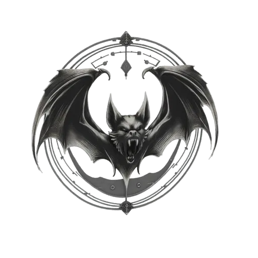 3D model of a gothic bat with open wings and fangs, set within a circular lunar symbol with celestial markings.