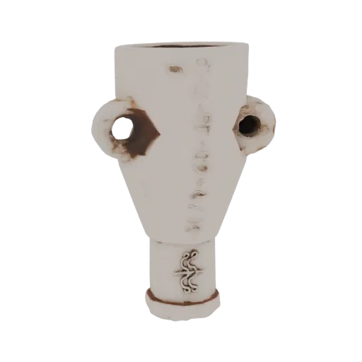 3D model of an ancient Greek amphora with two handles and an engraved symbol on a black background.