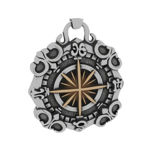 3D model render of an ornate, antique-style compass pendant with intricate scrollwork and a detailed compass rose.