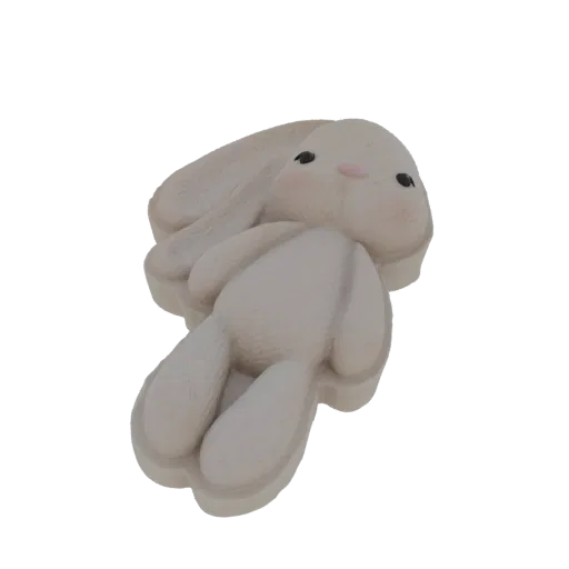3D model render of a cute, stylized white bunny lying down with large ears and pink cheeks.