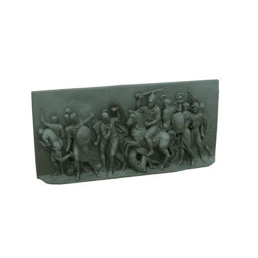 3D model of an ancient battle relief showing soldiers in combat with a horse.