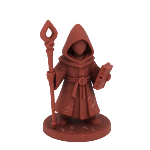 Miniatura STL Mago Antico Medievale Attacco, rendering a tre quarti da tavolo, miniatura di incantatore stampabile in resina