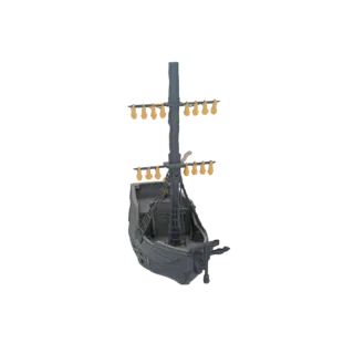 Modello 3D di un galeone dettagliato con scafo grigio, albero alto, sartiame intricato e bandiere gialle che sventolano dalle